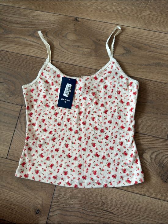 Parke Tops - Parke Cream Floral Ribbed Cami Tank with Red Rose Print